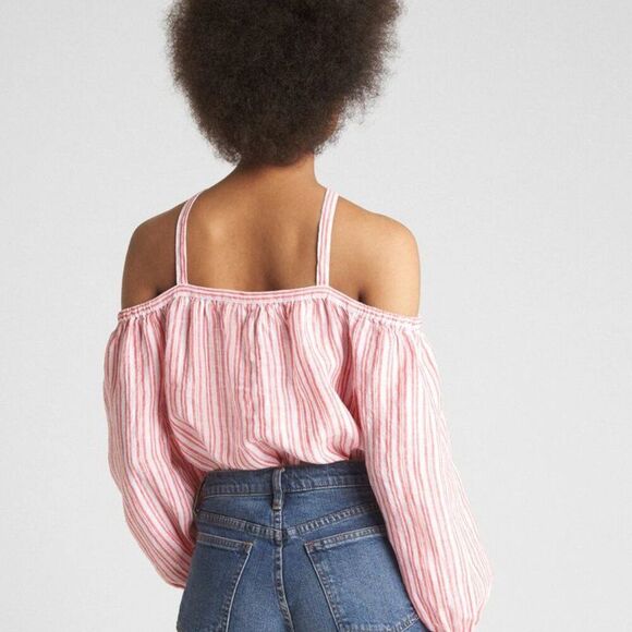 Gap Cold-Shoulder Stripe Linen Top Blouse Red White Nautical Size Medium - Picture 2 of 7